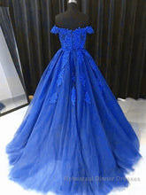 Off the Shouler Royal Blue Lace Semi Formal Prom Dresses, Off Shoulder Blue Lace Formal Evening Dresses
